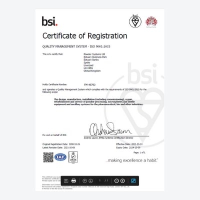 ISO 9001 - 2015 Certificate 40762. Powder Systems Limited.